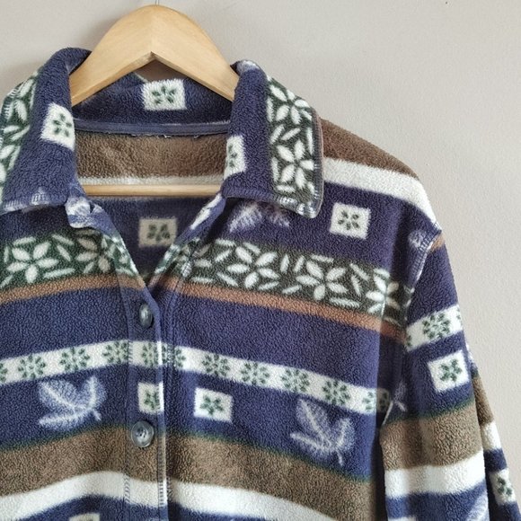 Leaf Print Stripe Neutral Tones Fleece Sweater - Picture 2 of 5